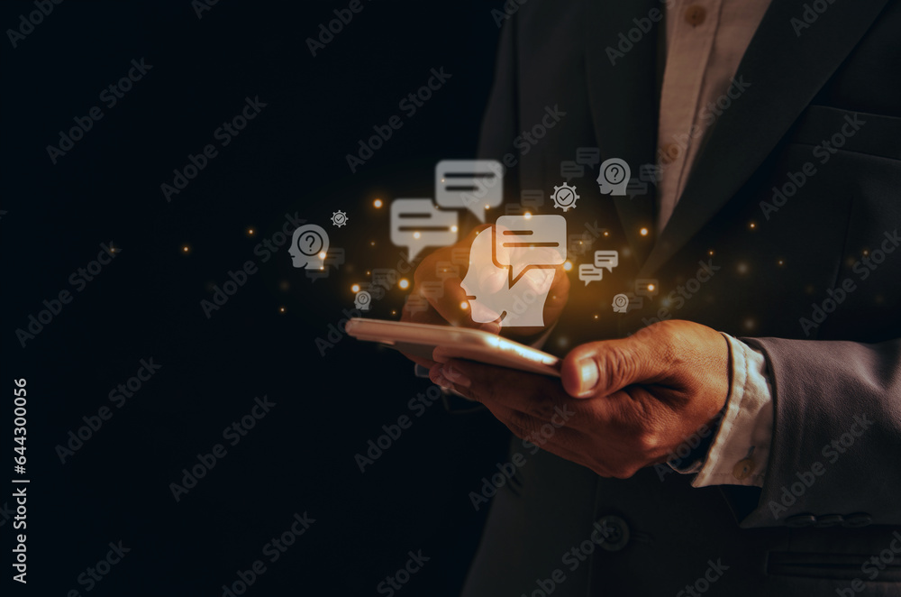 Poster businessman working with markup checking smartphone on checkboxes, business communication and creati