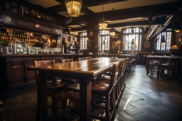 Spacious pub with a long table and chairs. Generative AI