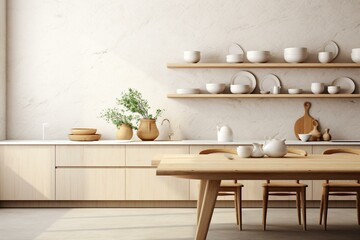 Kitchen with Scandinavian decor, wall mockup, rendered in 3D. Generative AI