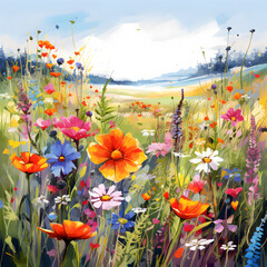 art beautiful landscape sunset in the park, painting of a flower garden at sunrise