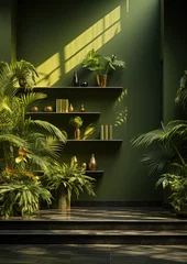  Beautiful tropical interior design with potted plants, vases, and a sense of space, light filling the room, and dark shadows. Green key coloured walls create a sense of atmosphere and life.  © dreamalittledream