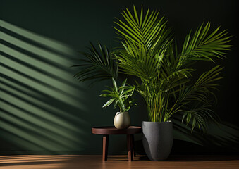 Beautiful tropical interior design with potted plants, vases, and a sense of space, light filling the room, and dark shadows. Green key coloured walls create a sense of atmosphere and life. 