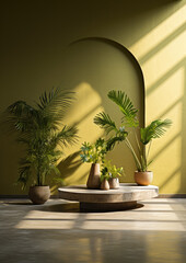 Beautiful tropical interior design with potted plants, vases, and a sense of space, light filling the room, and dark shadows. Yellow key coloured walls create a sense of atmosphere and life. 