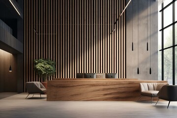 Contemporary office lobby with a modern loft aesthetic, featuring a wooden half counter in front of wooden slats and a concrete floor. Generative AI