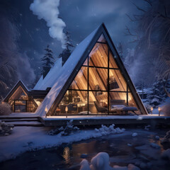 Photo of beautiful triangular house glamping resort in winter snow forest - 644301434