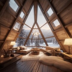 Photo of the beautiful, stylish, lightful and cosy indoor interior of triangular house glamping resort in winter snow forest