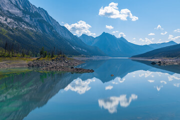 Medicine Lake reflection in summer, Jasper national park, Canada.