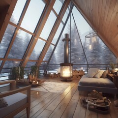 Fototapeta na wymiar Photo of the beautiful, stylish, lightful and cosy indoor interior of triangular house glamping resort in winter snow forest