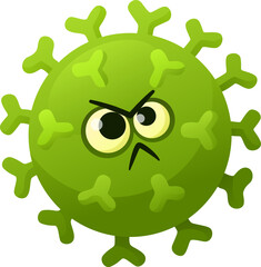 Cartoon virus with angry face. Green cell character