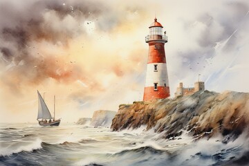 Watercolor painting depicting sailing boats and a lighthouse amidst stormy skies, with rays of light scattered. Generative AI