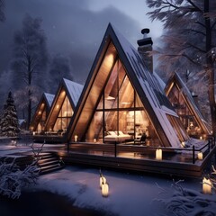 Photo of beautiful triangular house glamping resort in winter snow forest - 644301658