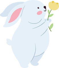 Cute bunny with flower. White animal spring mascot