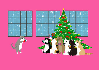 Obraz na płótnie Canvas クリスマスツリーとカメラを持つ7匹の猫　窓の外は雪が降る