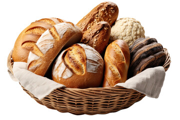 breads in a basket transparent isolated on white background cutout. PNG file ,artwork graphic design ,Generative AI