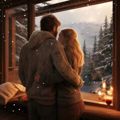 Photo of lovers embracing man and women in the winter glamping house on vacation - 644302278