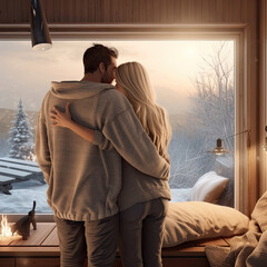 Photo of lovers embracing man and women in the winter glamping house on vacation - 644302415