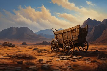 Desert landscape artwork of an old, deserted wagon amidst mountains painted in oil. Generative AI - obrazy, fototapety, plakaty