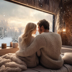 Photo of lovers embracing man and women in the winter glamping house on vacation - 644302467