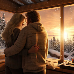 Photo of lovers embracing man and women in the winter glamping house on vacation - 644302492