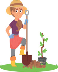 Woman digging ground. Female gardener. Cartoon character