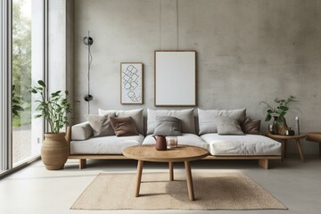 Scandinavian living room with concrete and wood decor and a white wall. Generative AI