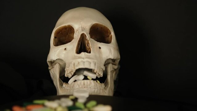 Tablets of different colors and sizes, drug, pills in human skull on dark blurred background. Dramatic approaching shot. Opioid crisis, narcotic addiction and overdoses. Pharmaceutical industry.