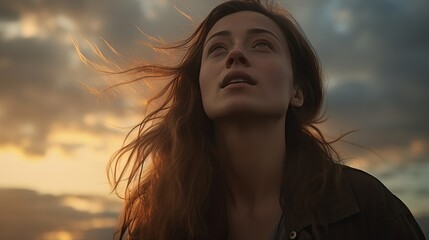 Portrait of a young woman looking up at golden hour