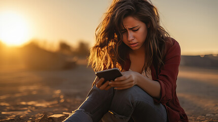Portrait of an upset young woman looking at her smartphone