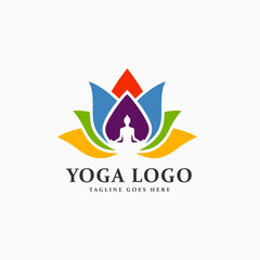 Obraz premium yoga logo design vector with human silhouette zen pose isolated lotus flower logo