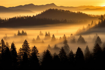 A sunrise over a foggy mountain landscape, orange and yellow hues of the sunrise, with the sky being clear and the sun rising behind the mountains, fog, valleys, tree silhouette