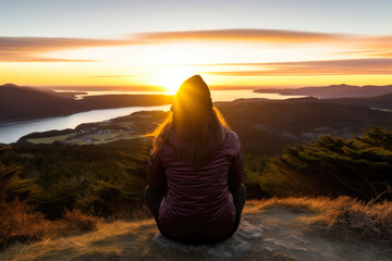 A woman sitting on a cliff overlooking a beautiful sunset over a mountainous landscape. Sitting cross-legged and is wearing a purple jacket and a beanie, lake, mountain, sun - Powered by Adobe