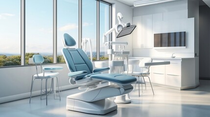 Fototapeta na wymiar modern dental office interior with blue chair and equipment