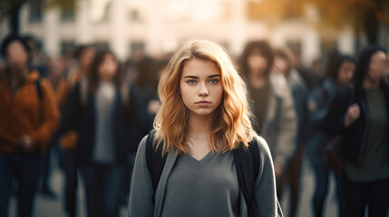 Female high school student standing alone among a crowd of other students, concept of the feeling of isolation and loneliness due to mental illness