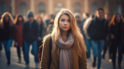 Female college student standing alone among a crowd of other students, concept of the feeling of isolation and loneliness due to mental illness - obrazy, fototapety, plakaty