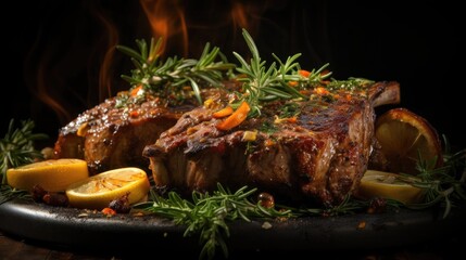 Grilled lamb chops with barbeque sauce on a plate with black and blurry background