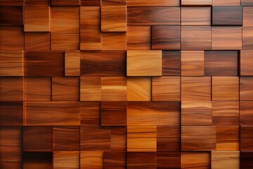 Glossy tile faux wood wall on 3D square backdrop. Generative AI