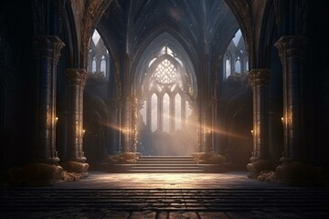 Medieval throne room with gothic arches and windows, featuring a fantasy atmosphere. 3D illustration. Generative AI - obrazy, fototapety, plakaty