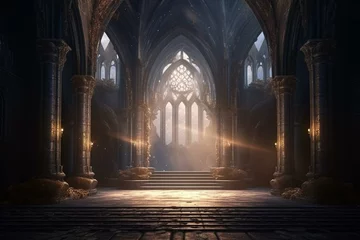 Fotobehang Medieval throne room with gothic arches and windows, featuring a fantasy atmosphere. 3D illustration. Generative AI © Kaida