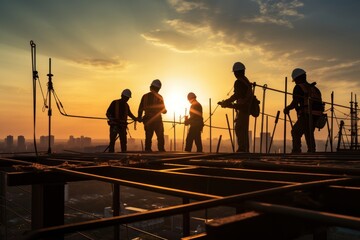 Silhouette of an engineering team working on the construction site at sunset