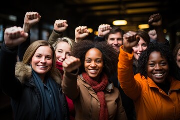 Fototapeta premium A diverse group of people united, thrusting their fists upwards in a display of solidarity and triumph, generative AI