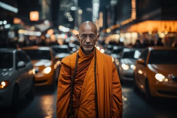 A Buddhist monk exemplifying inner peace and separation from worldly concerns, in the midst of traffic, generative AI - obrazy, fototapety, plakaty