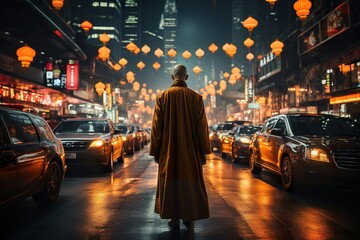 A Buddhist monk exemplifying inner peace and separation from worldly concerns, in the midst of traffic, generative AI - obrazy, fototapety, plakaty