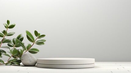 podium design for product display or product stand with leaf ornaments and minimalist background