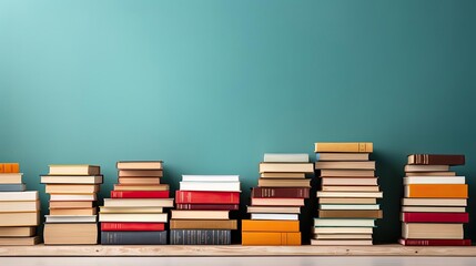 pile of books on minimalistic background or stock of books for world book day background
