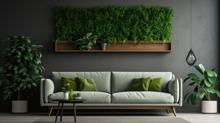 Modern living room interior with sofa and green leaf ornament and minimalist design