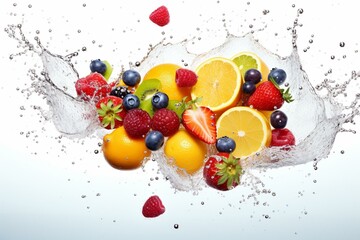 Colorful fruits being soaked with water against a clean white backdrop. Generative AI
