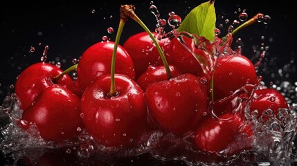 fresh red cherry exposed to water splash on black background and blur
