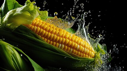 fresh corn exposed to water splash on black and blurry background