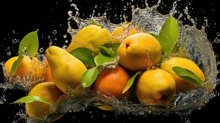 fresh yellow mangoes splashed with water on black and blurred background