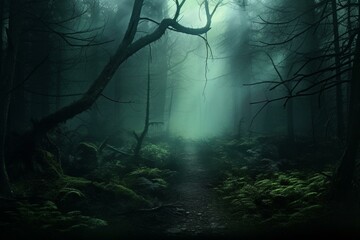 Enigmatic misty forest scene. Vast lush haven shrouded in darkness. Stunning 3D illustration. Generative AI - obrazy, fototapety, plakaty